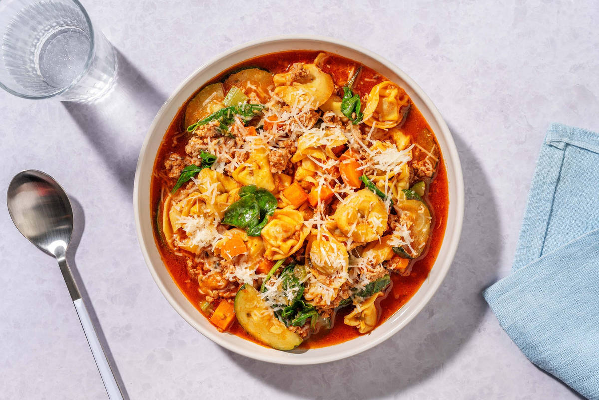SuperQuick Zesty Sausage and Tortellini Soup