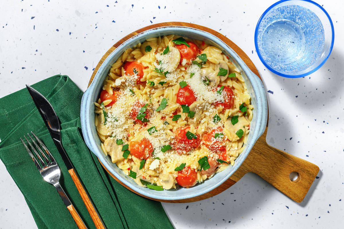 Chilli and Cherry Tomato Orzo with Falafel