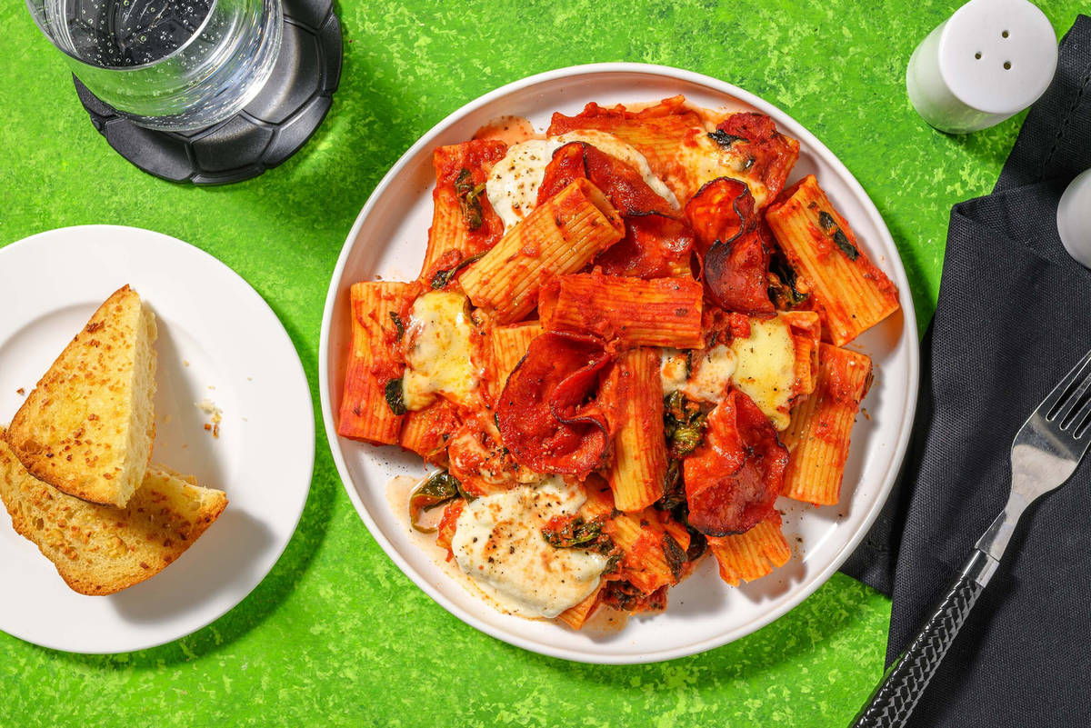 Cheesy Chorizo Pizza Inspired Chicken Pasta Bake