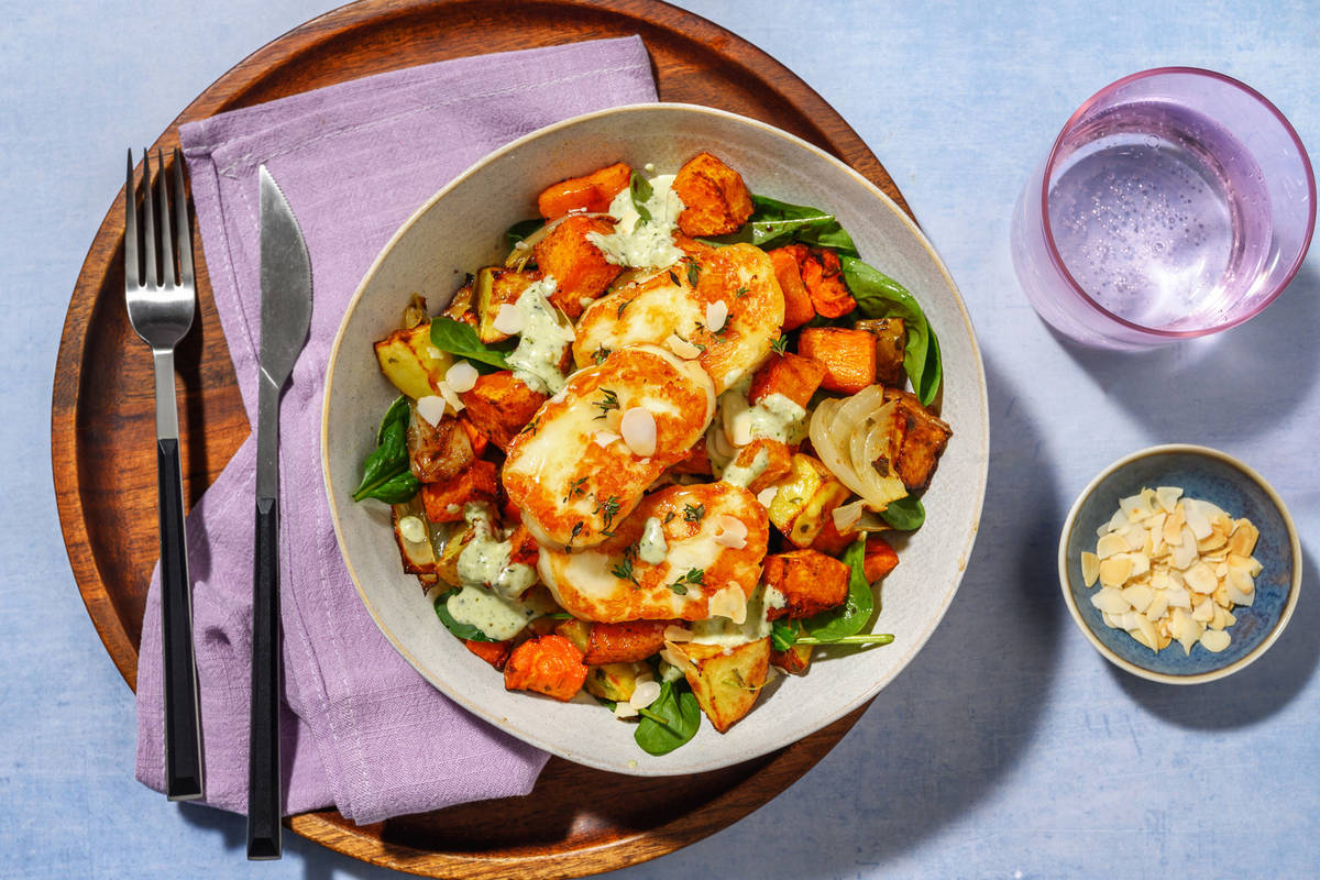 Honey-Thyme Halloumi & Roast Pumpkin Toss