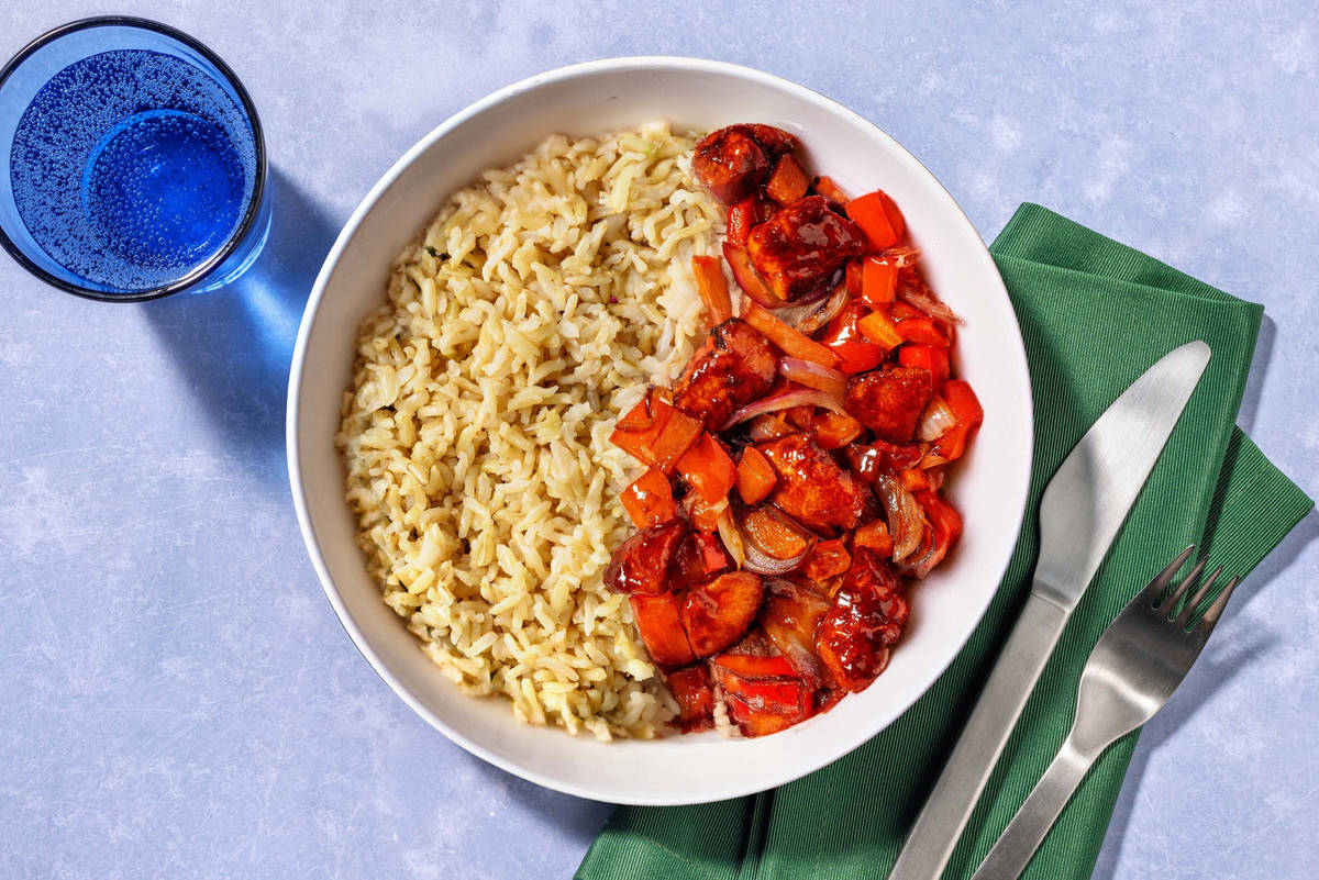 Sweet and Sticky Chicken on Steamed Wholegrain Rice