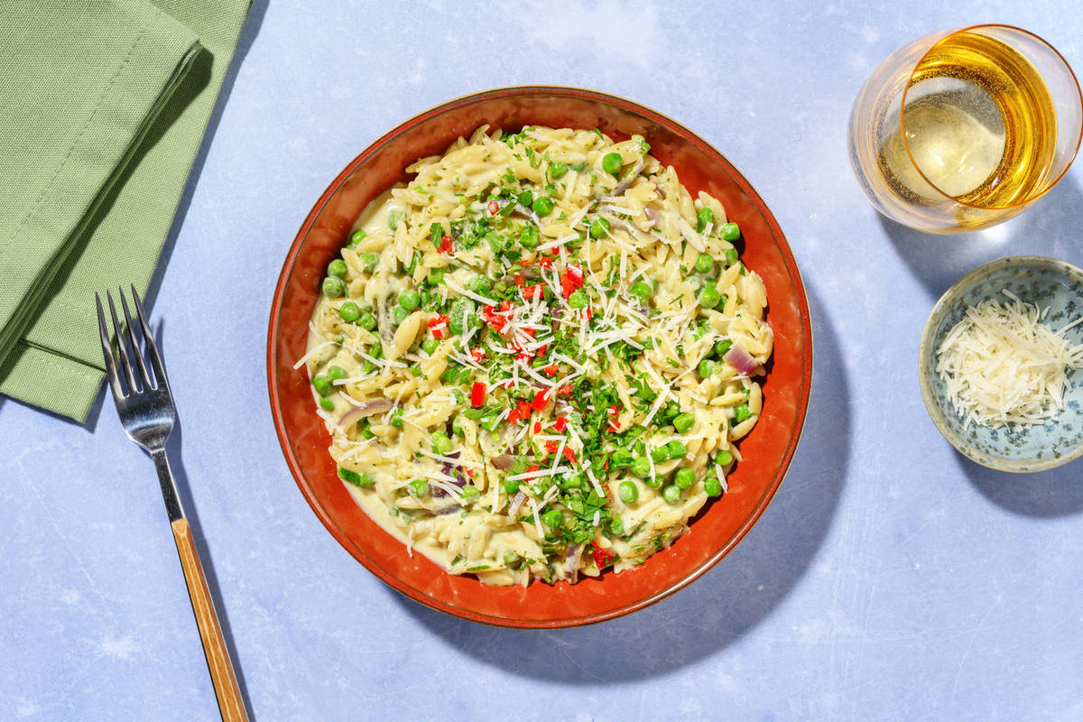Pea and Pesto Orzo with Prawns