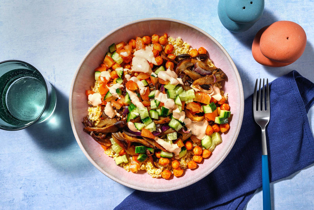 Bowl de boulgour aux champignons effilochés
