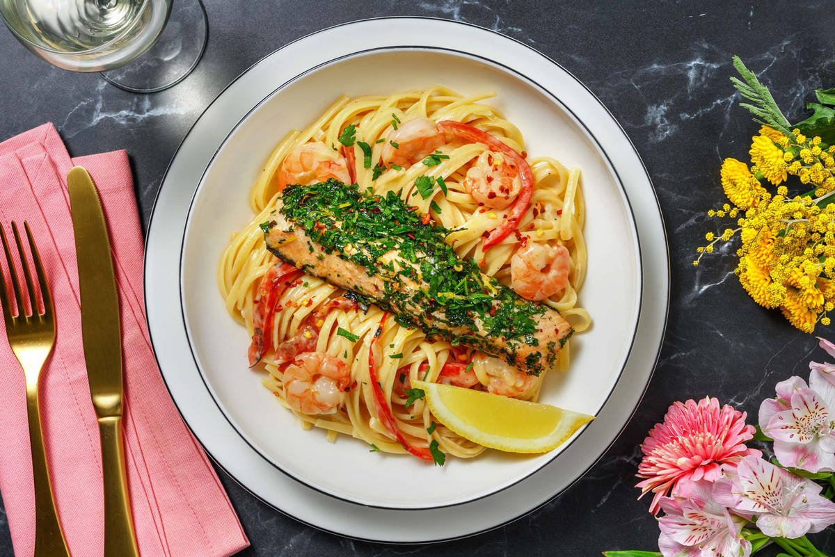 Creamy Garlic Shrimp and Herby Jumbo Salmon