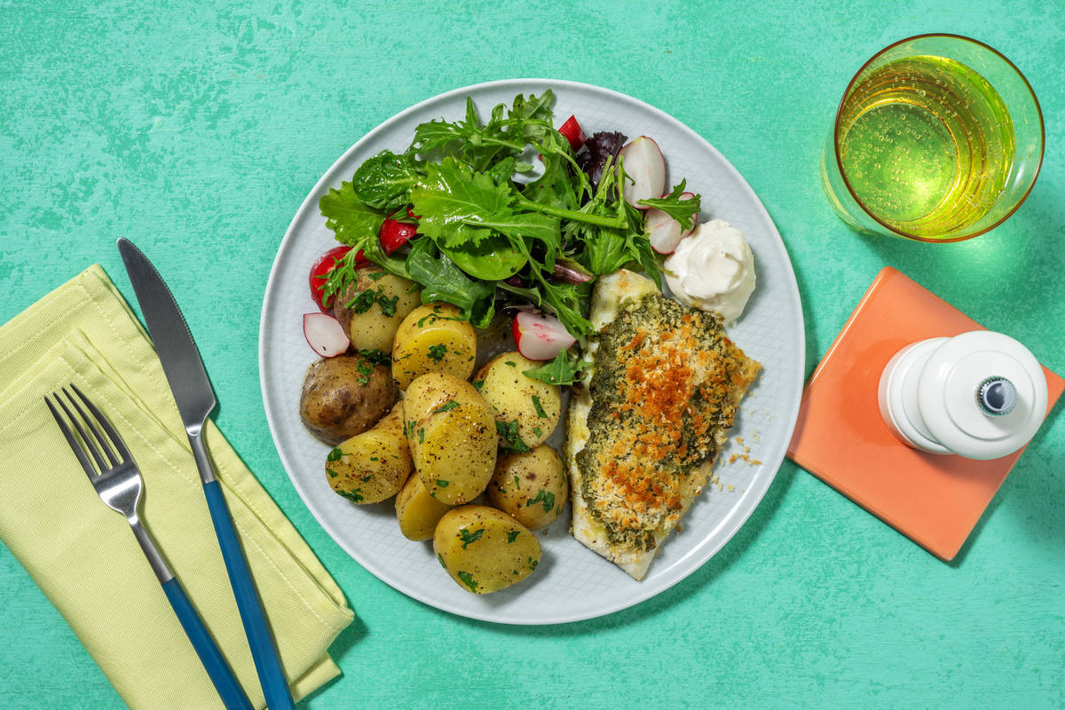Crumbed Hake and Parsley Potatoes