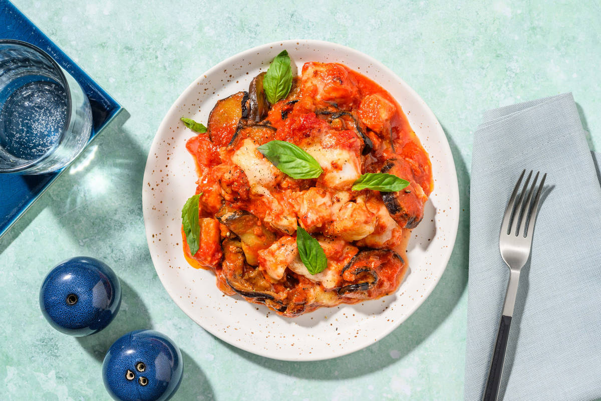 Parmigiana di merluzzo e melanzane fritte