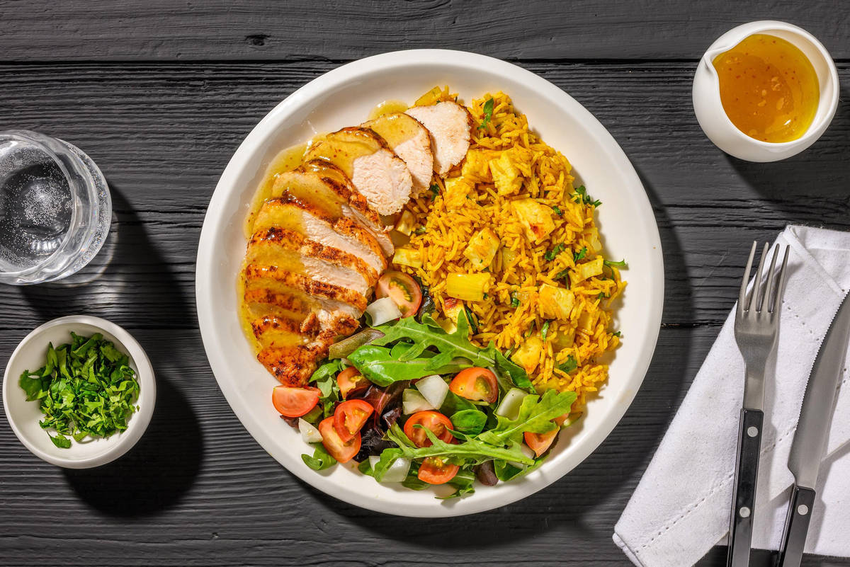 Harissa-and-Fig Organic Chicken with Golden Halloumi Rice