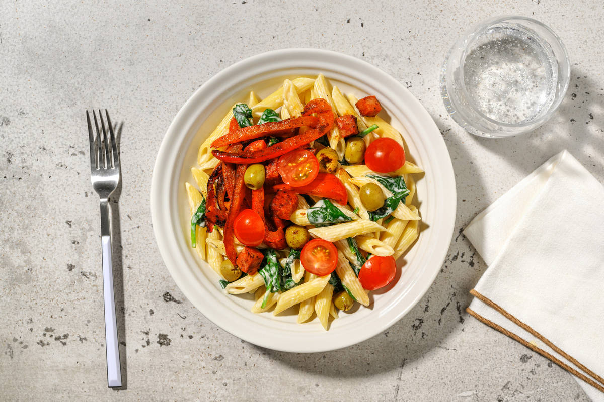 Pâtes crémeuses au chorizo et olives