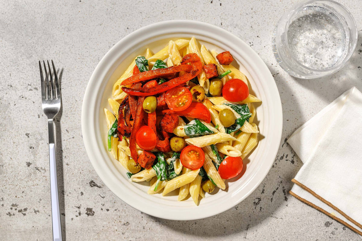 Romige pasta met chorizo en olijven