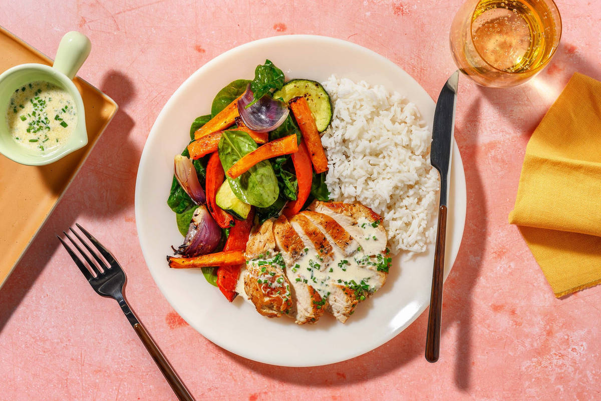 Pandestegt kyllingebryst og purløgssauce