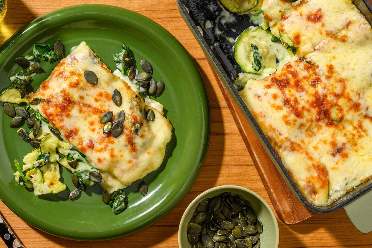 Hvid zucchini- og spinatlasagne