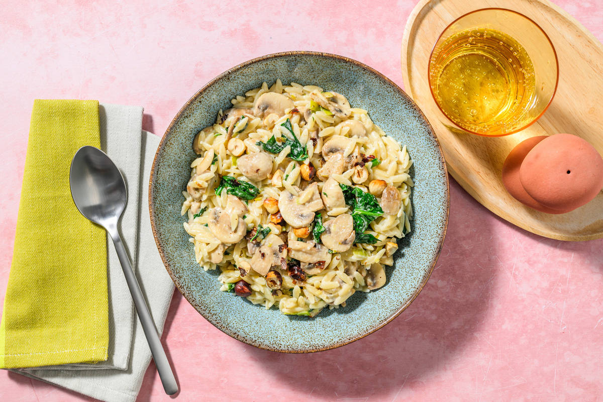 Spinach and Mushroom Orzo with Falafel