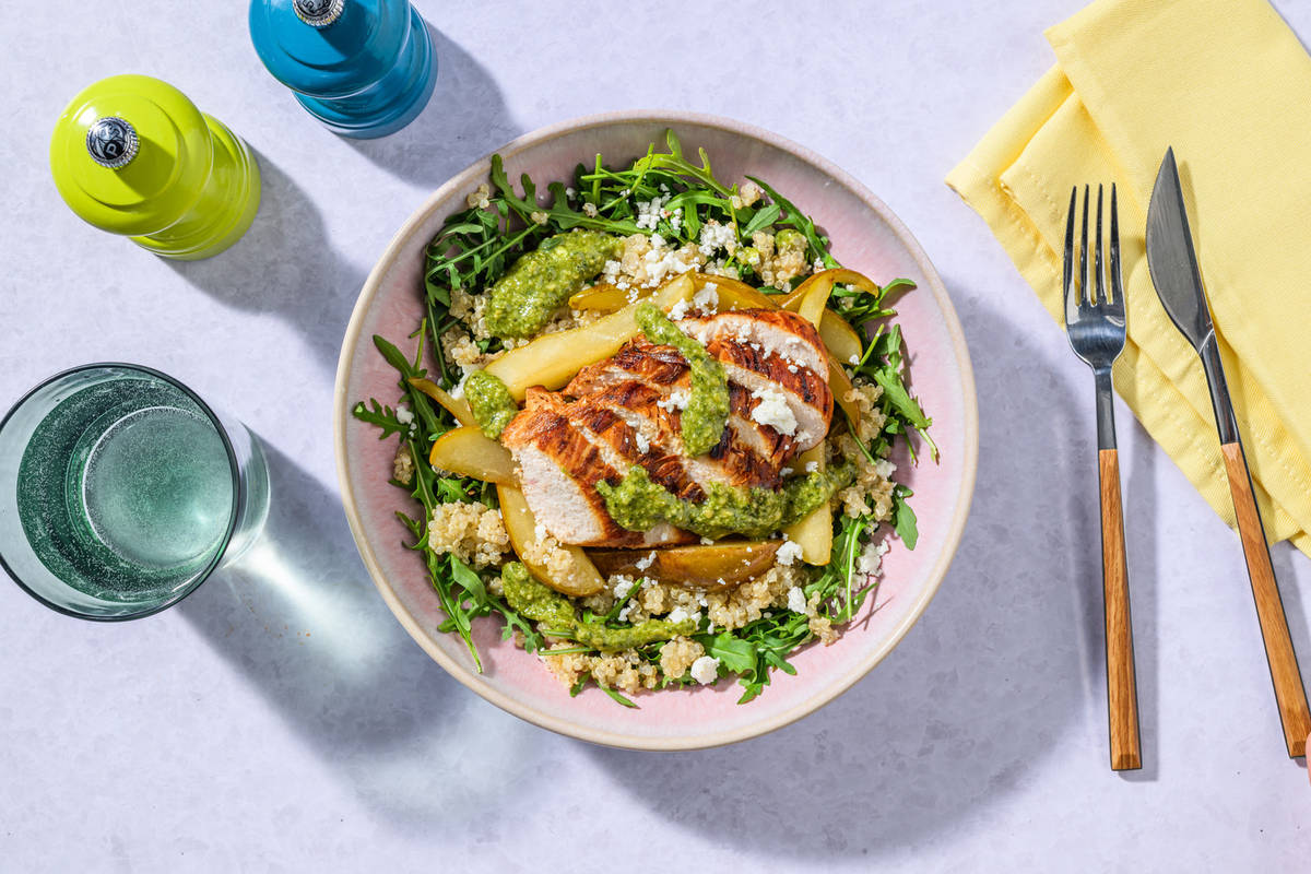 Quinoa con pollo y pesto casero de rúcula