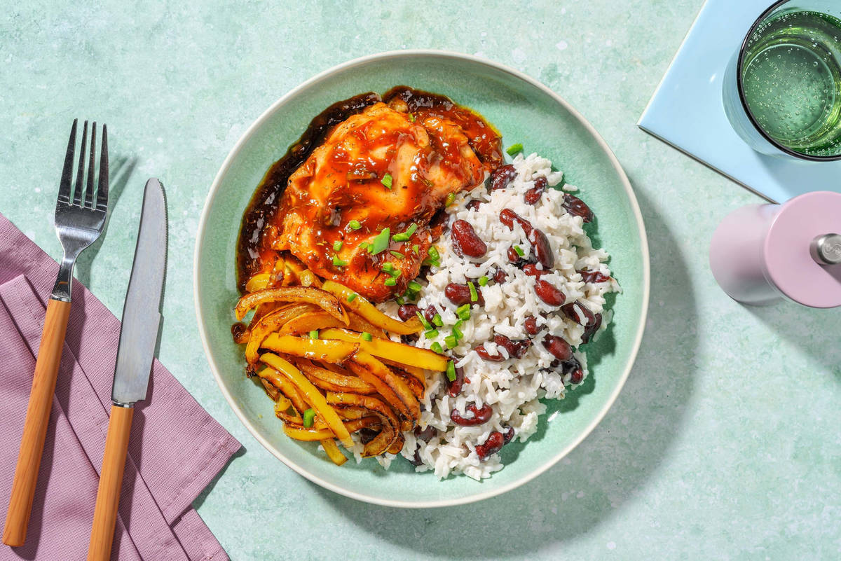 Pollo alla giamaicana e riso dolce ai fagioli