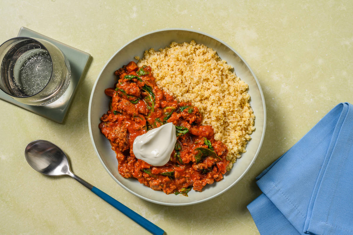 Speedy Chermoula Beef and Pepper Bulgur Bowl
