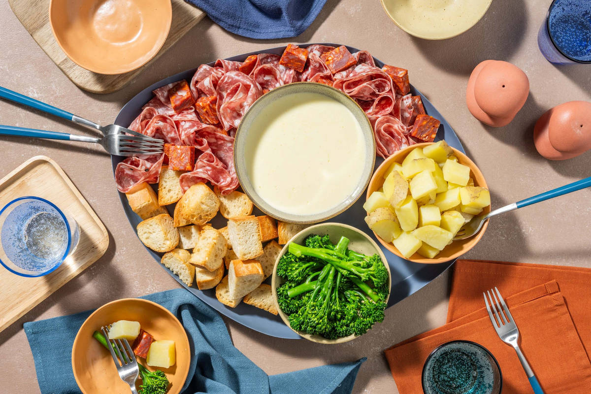 Cheese Fondue, Milano Salami and Chorizo