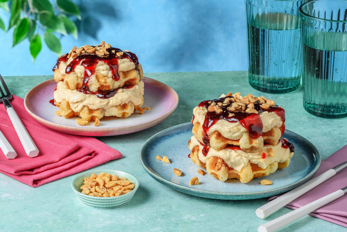 Peanut-Honey Cream & Red Berry Compote Waffles