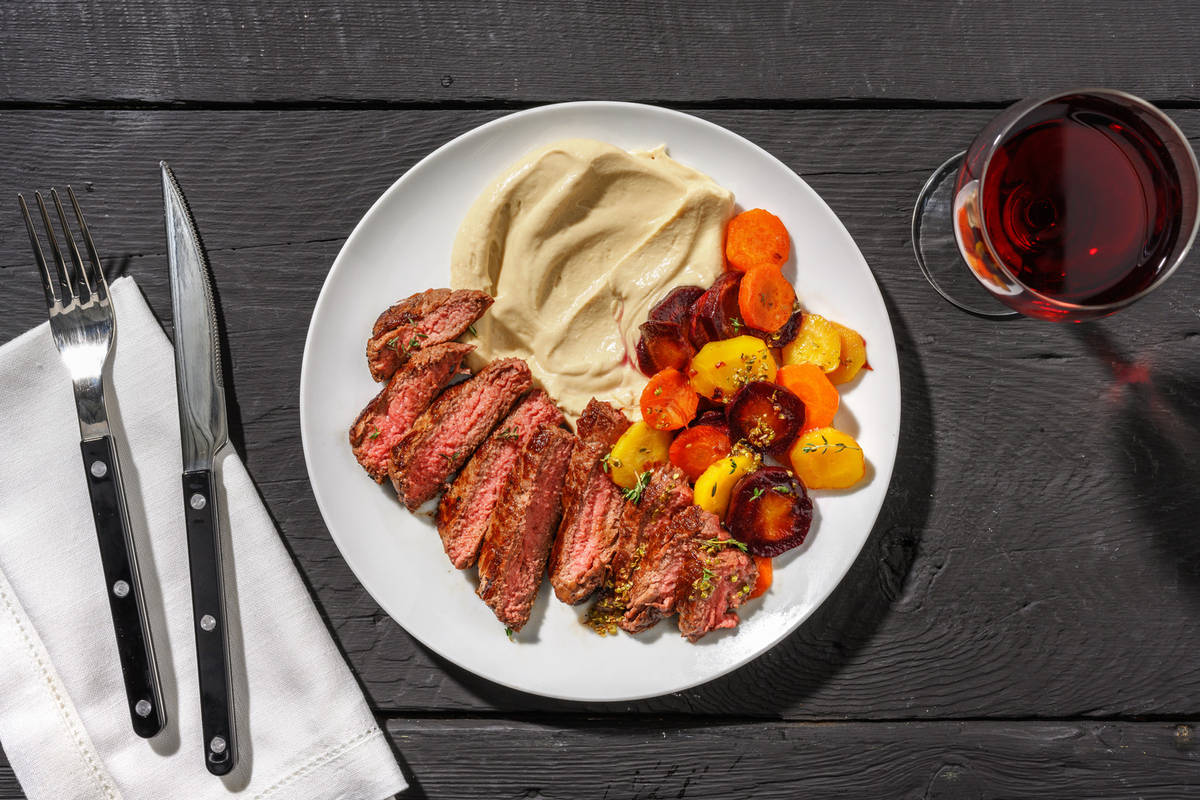 Bistecca di manzo e carote arcobaleno
