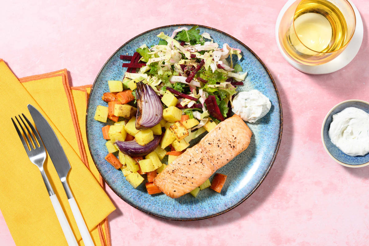 Lemon pepper salmon and roasted veggies med reker