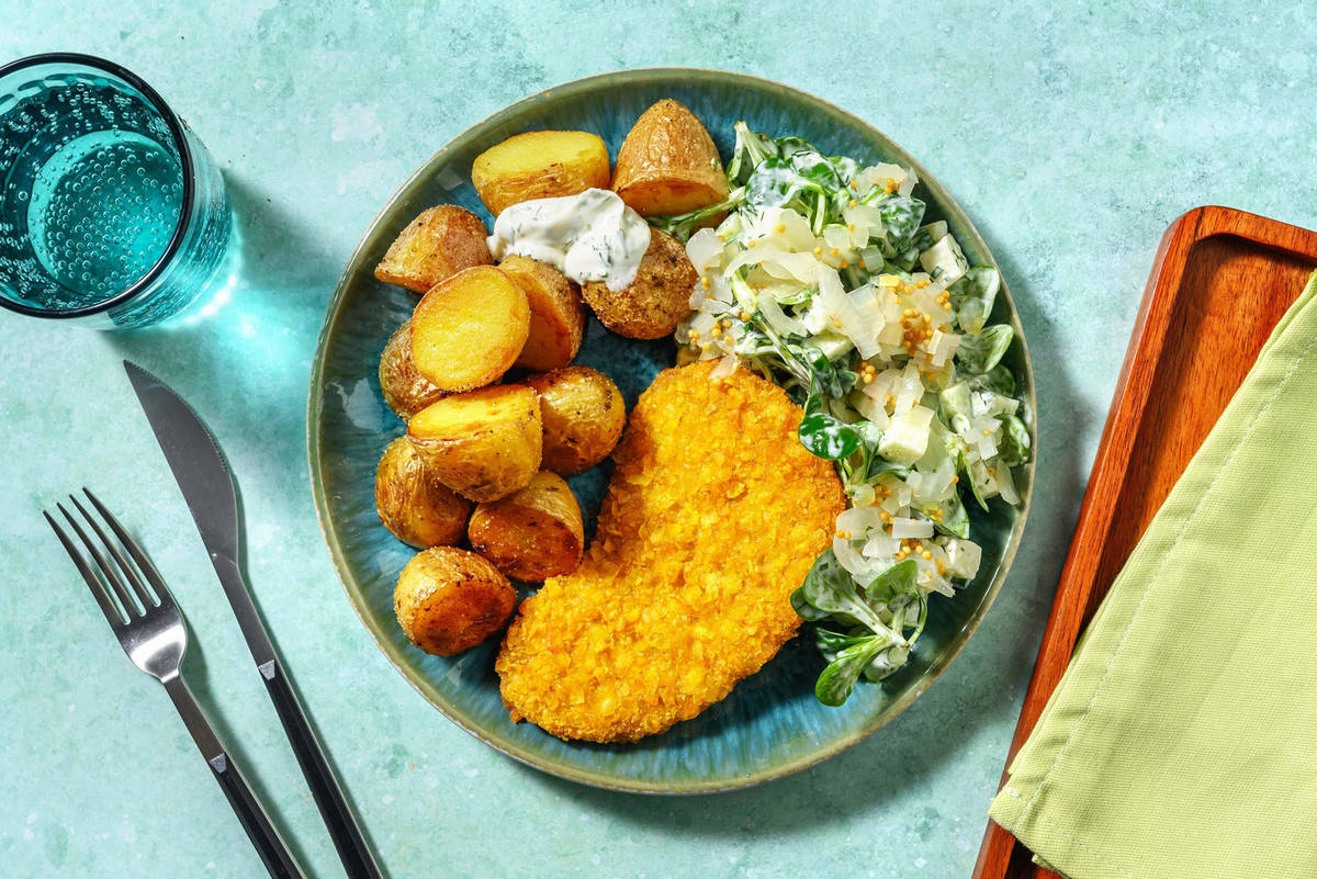 Escalope au fromage panée et grenailles sautées