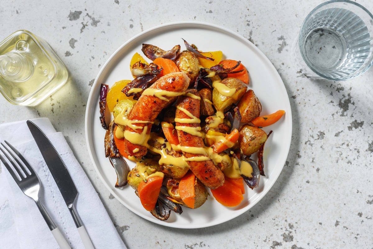 Pork Sausages with Honey Mustard Dressing