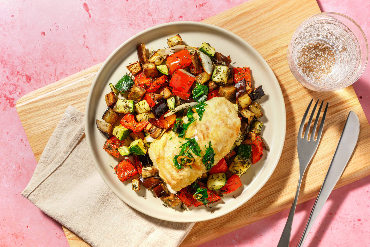 Bacalao al horno con aceite de perejil y ajo asado