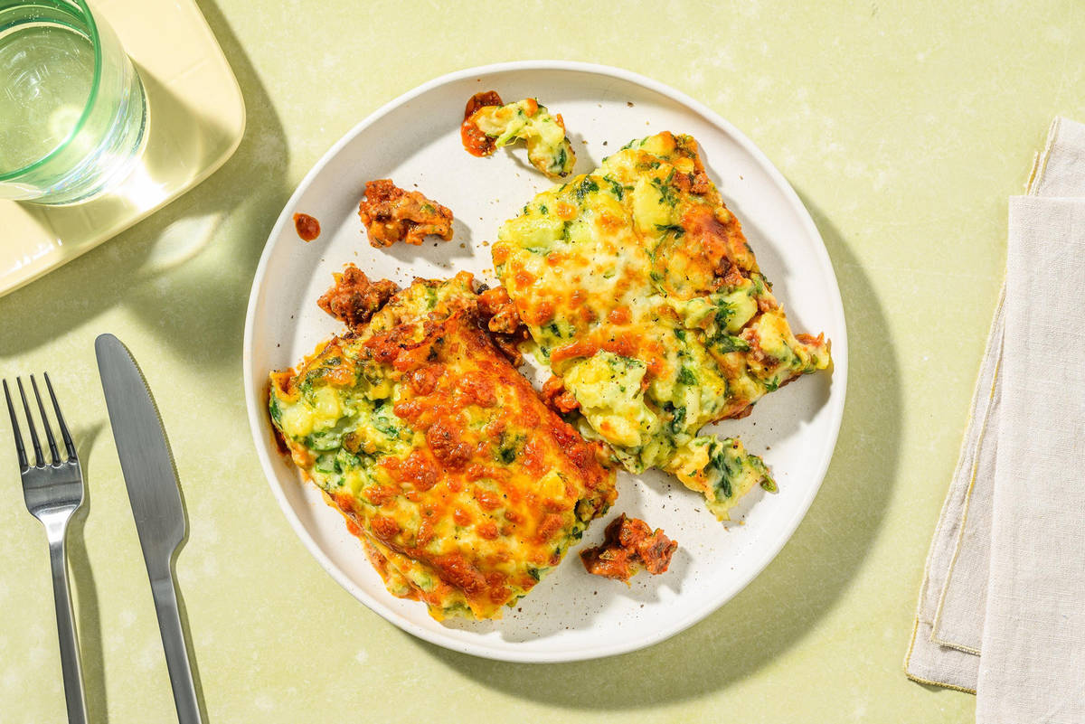 Ovenschotel met rundergehakt en spinaziepuree