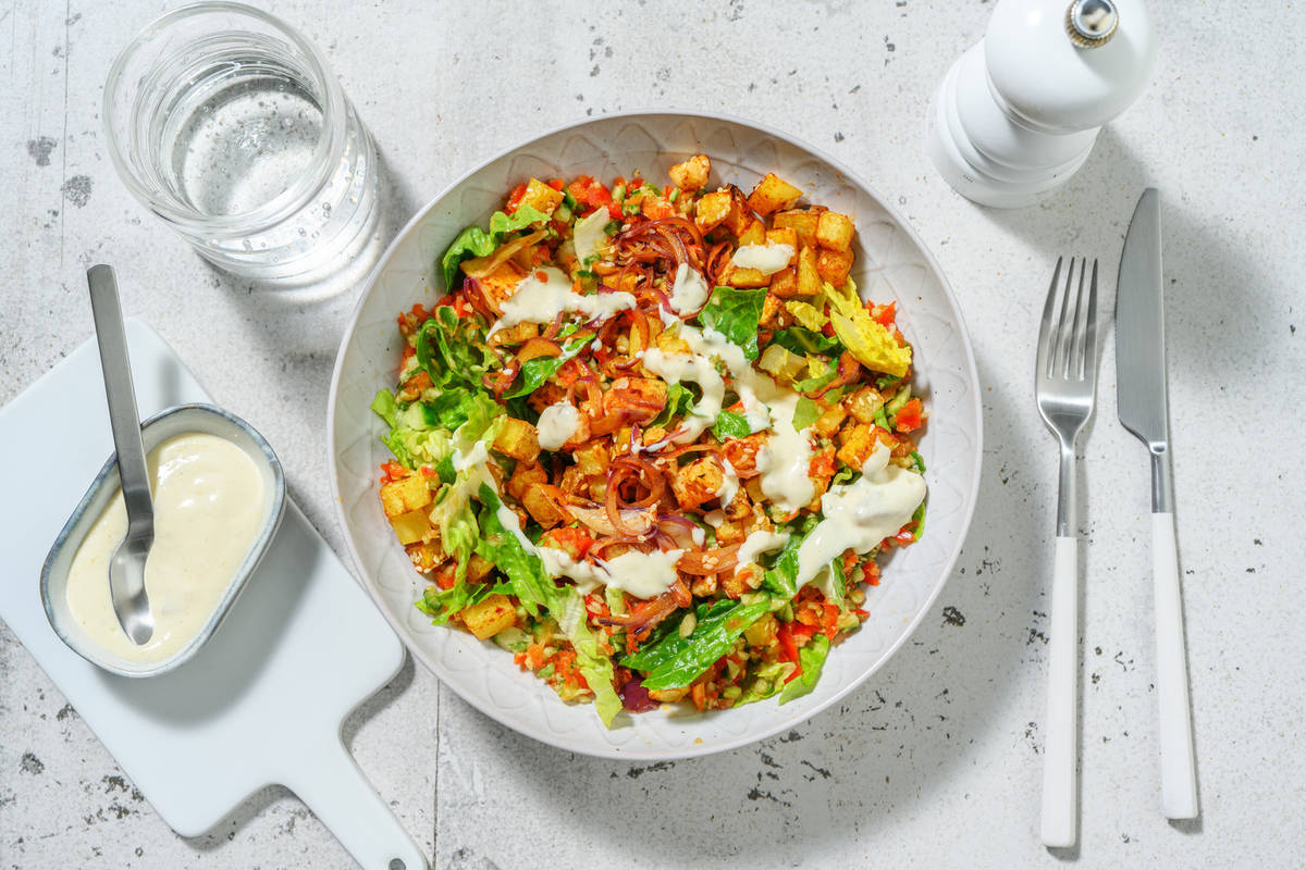 Würfelsalat mit Harissa-Grillkäse 
