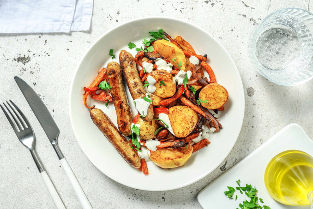 Saucisses végé et légumes rôtis 