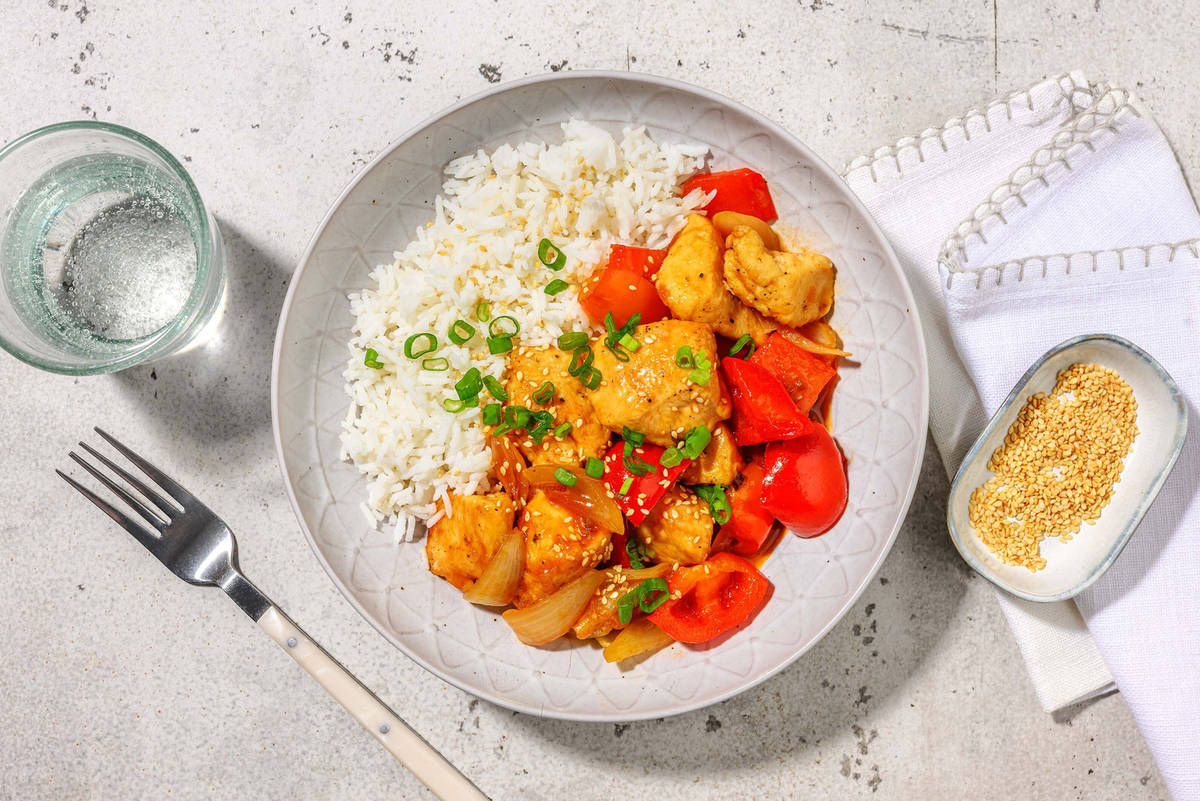Bio-Schweinefilet süßsauer mit Paprika