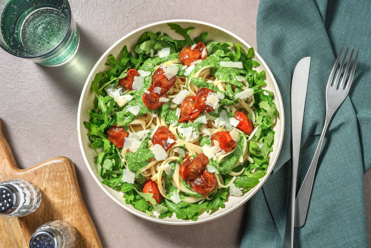 Linguine met zelfgemaakte spinaziepesto