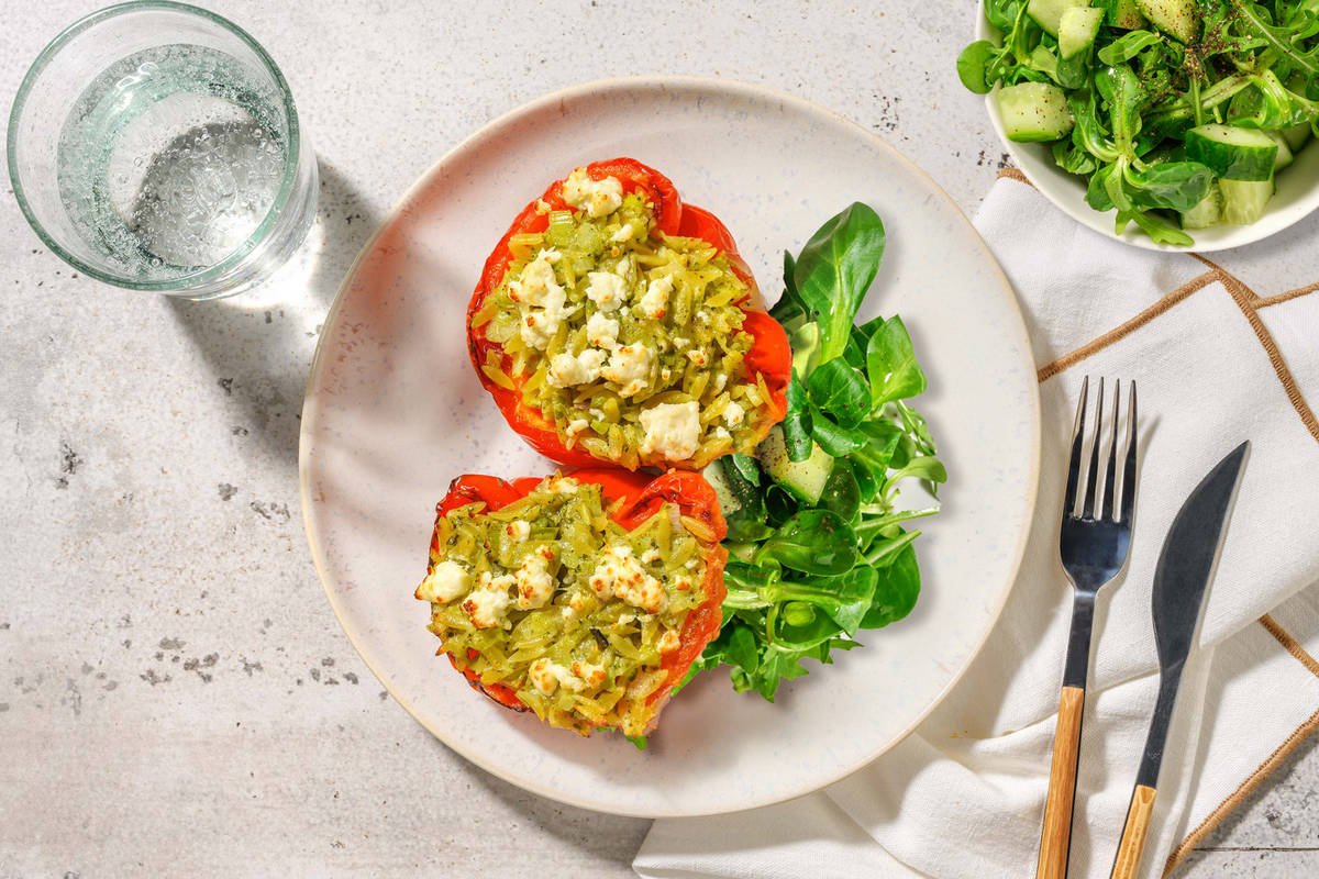 Poivron farci : feta AOP, pesto & orzo