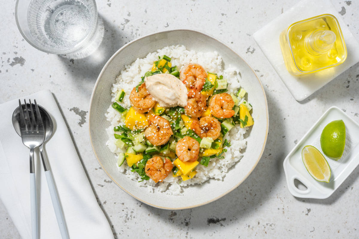 Spicy Bowl : crevettes dorées & mangue