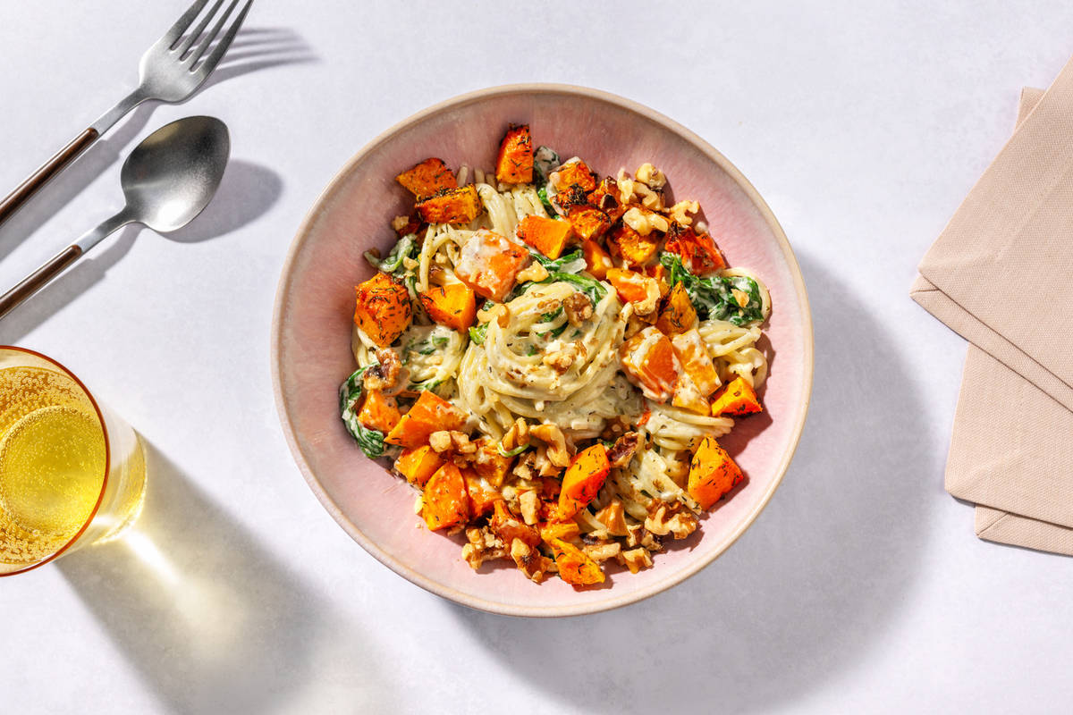 Spaghetti, courge rôtie & sauce au bleu