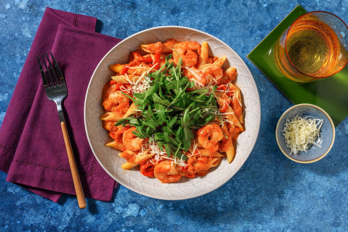 Fusilli complets aux crevettes & pesto rouge