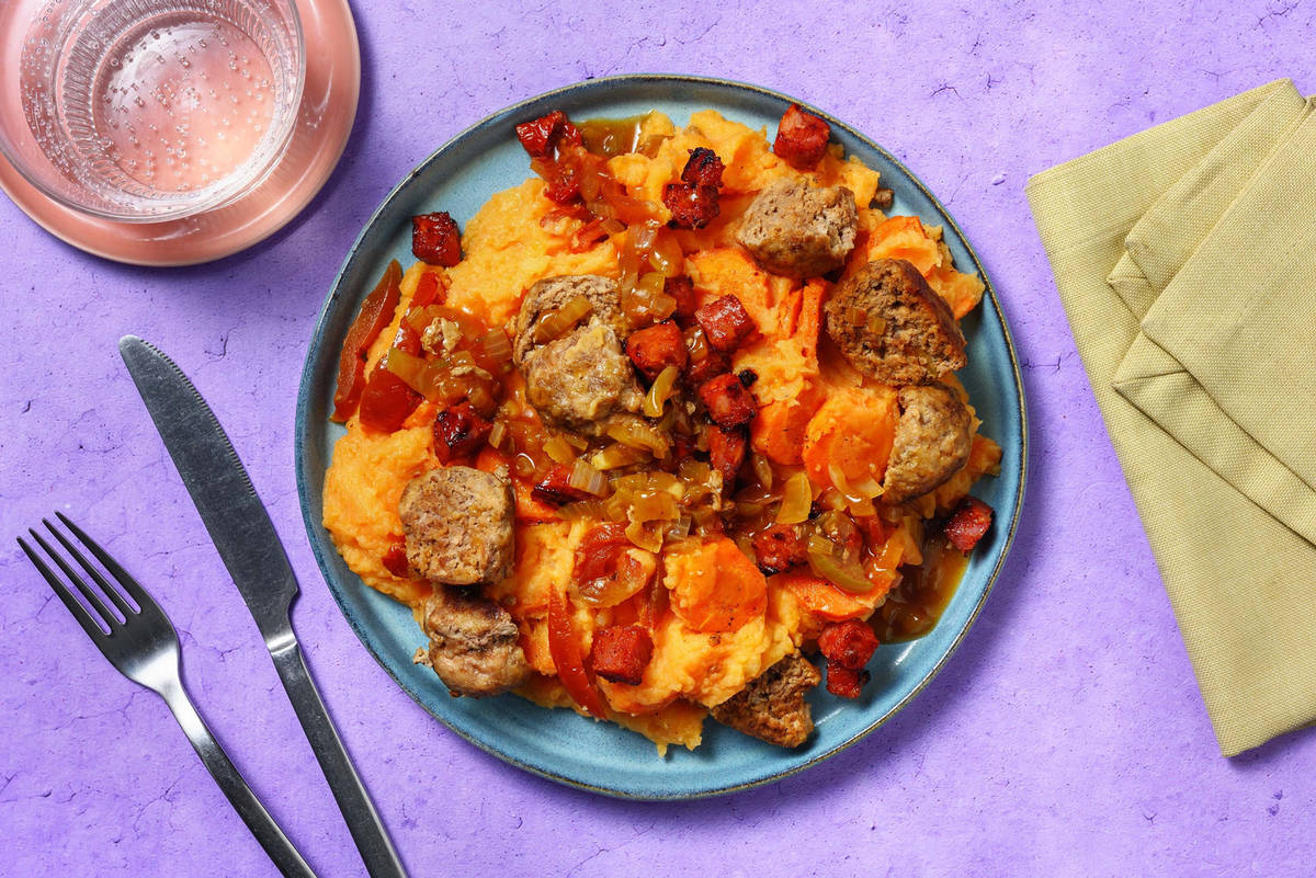 Stamppot met chorizo en Spaanse gehaktballetjes 