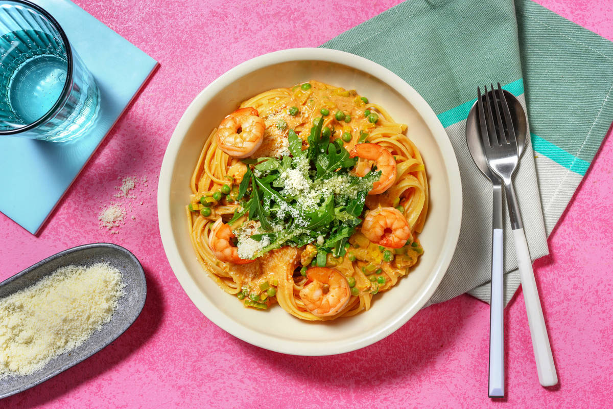 Simple Prawn, Lemon, Leek and Pea Linguine