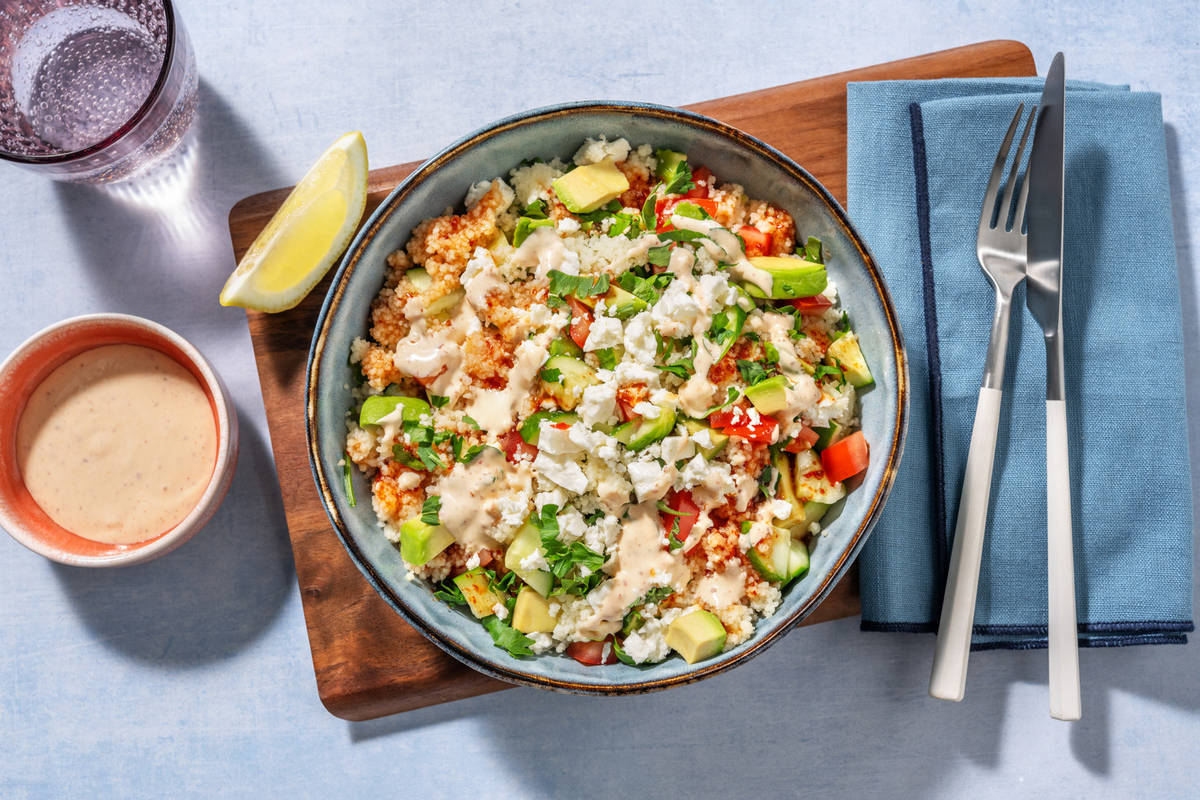 Greek Style Cheese and Couscous Salad with Falafel