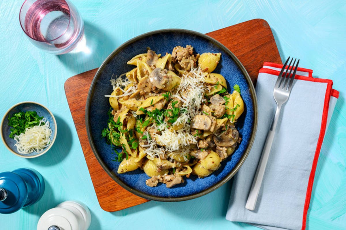 One pot : conchiglie, porc haché & champis