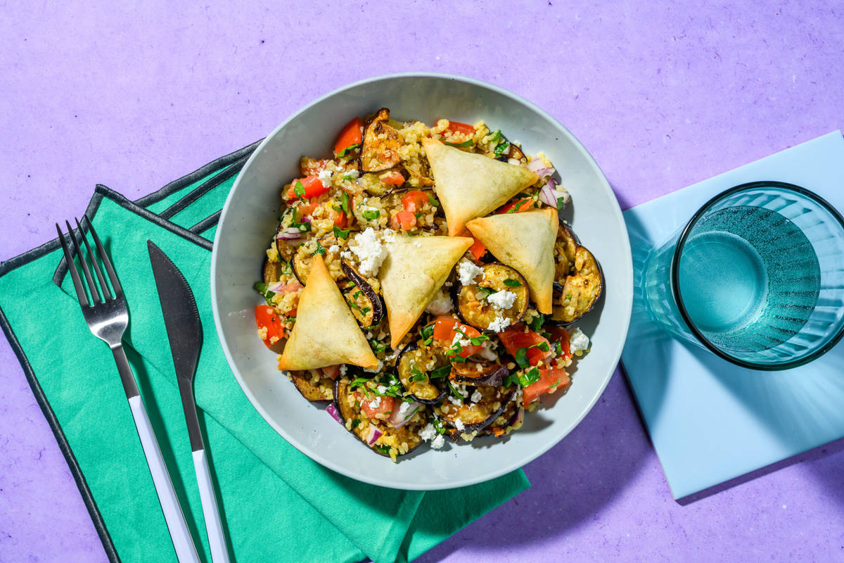 Bowl boulgour, samossas bœuf & aubergine rôtie