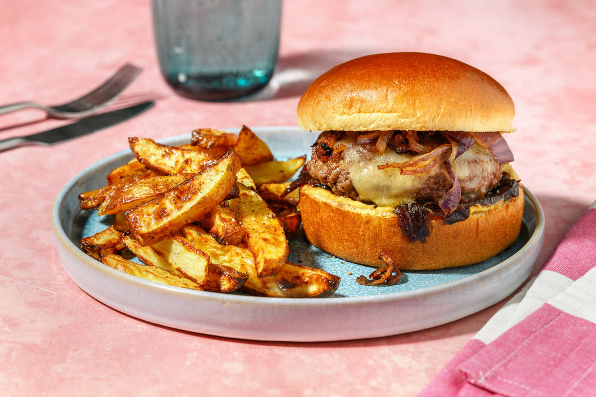 Burger de bœuf, chutney d'oignons & gouda