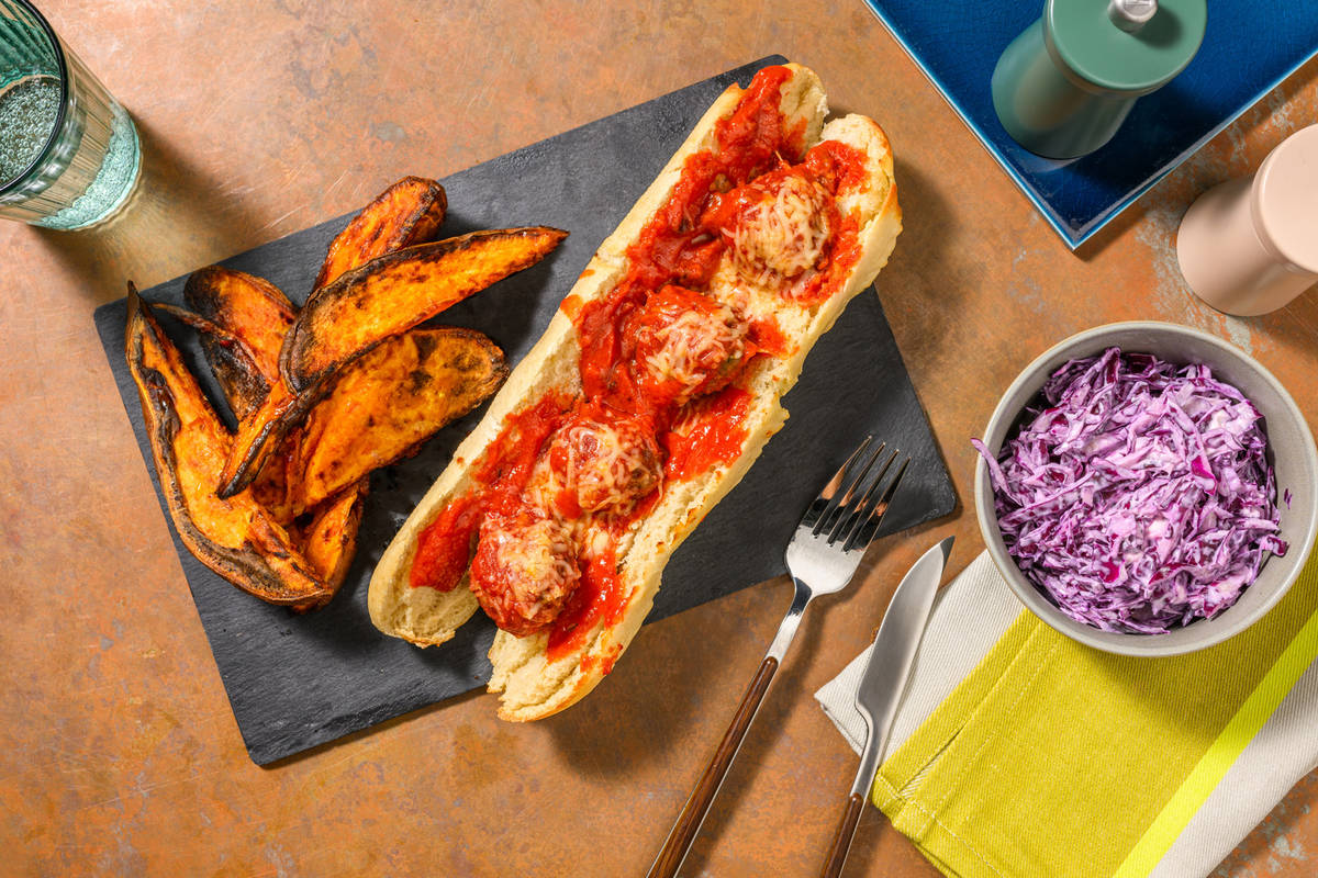 Cheesy Meatball Sub and Sweet Potato Wedges