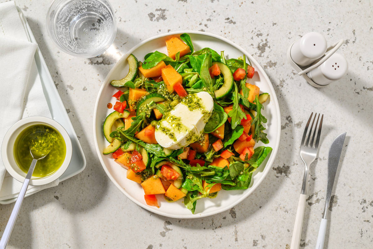Salade fraîche à la mozza, tomate & melon