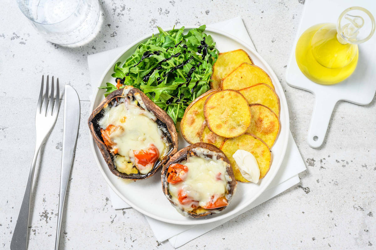 Cheese and Caramelised Onion Stuffed Bacon Portobello Mushrooms