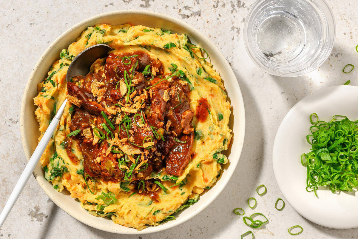 Stoemp de chicorée et émincés façon bœuf laqués