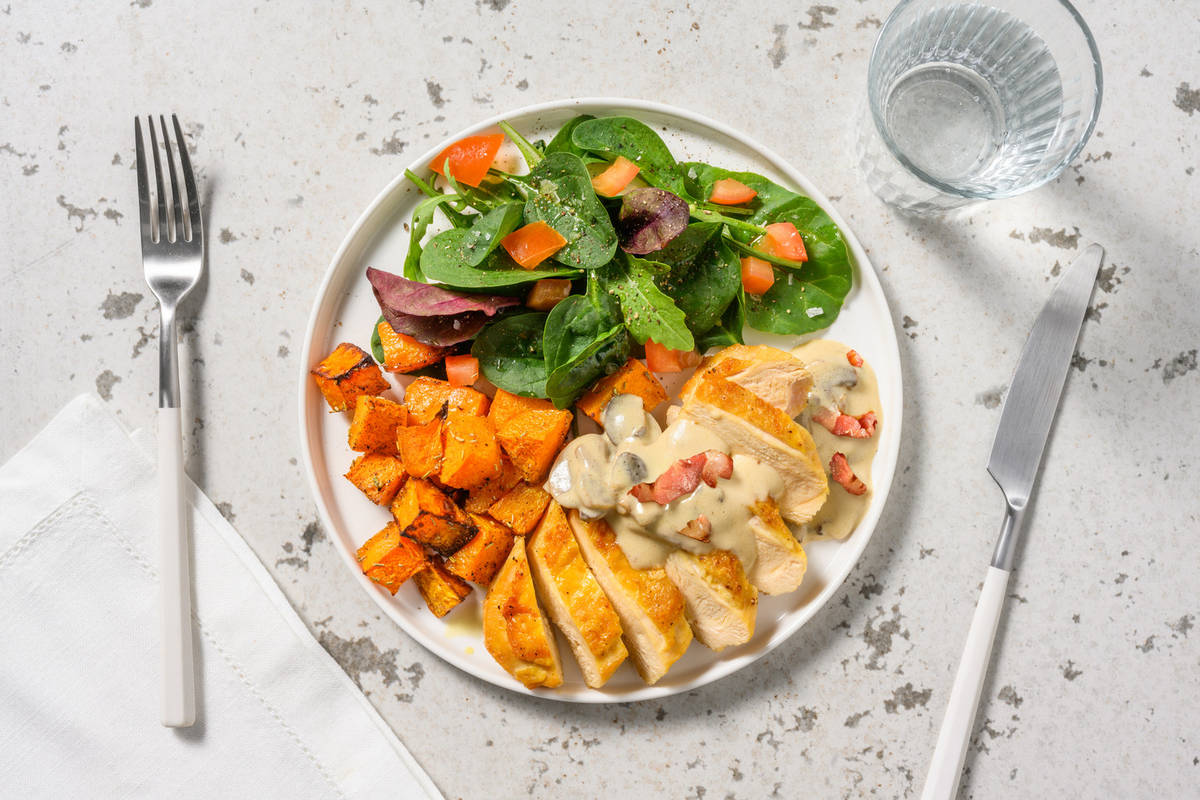 Roasted Chicken Breast and Creamy Bacon and Mushroom Sauce 