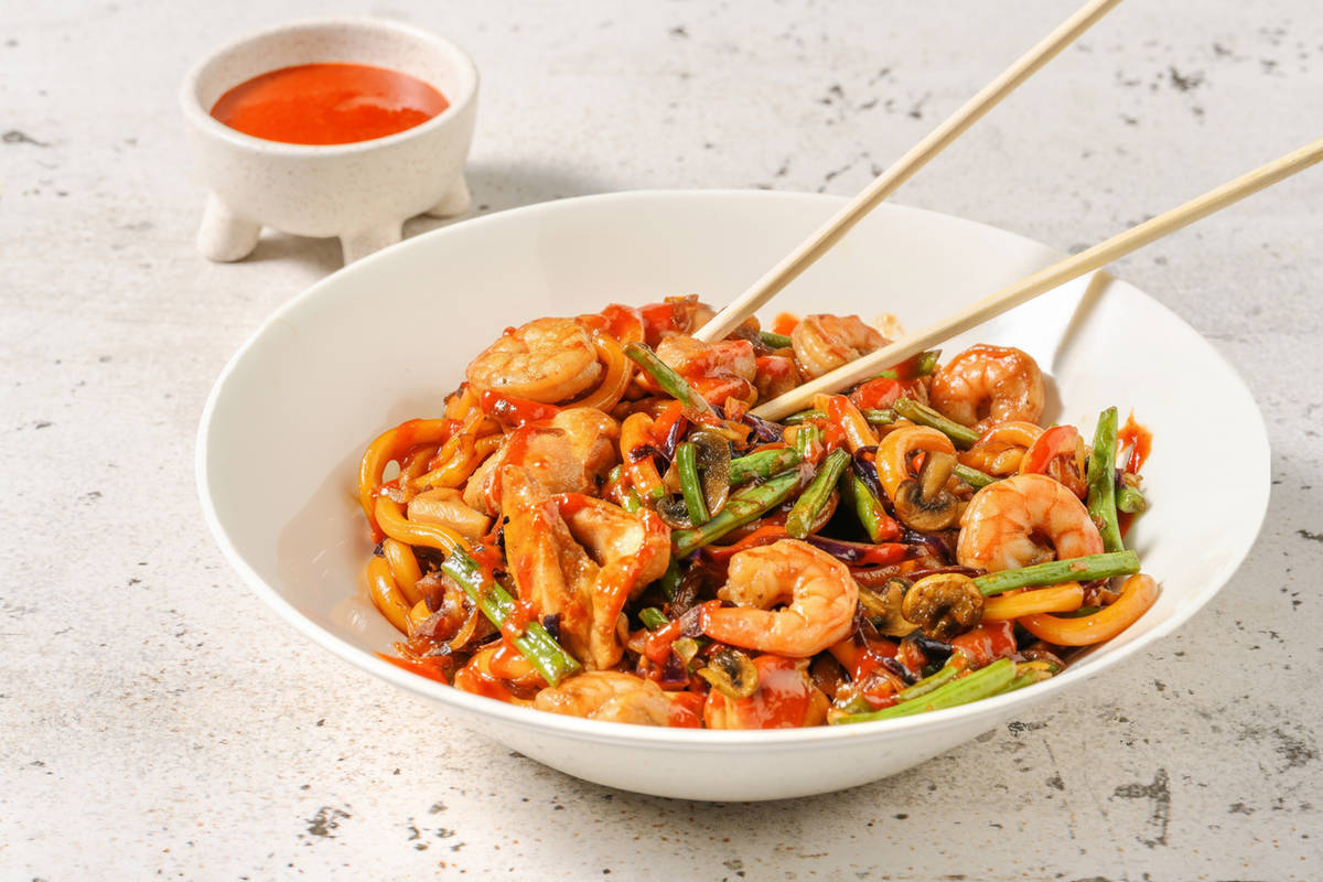 Speedy Hot Sauce One-Pan Chicken & Prawn Udon Noodles