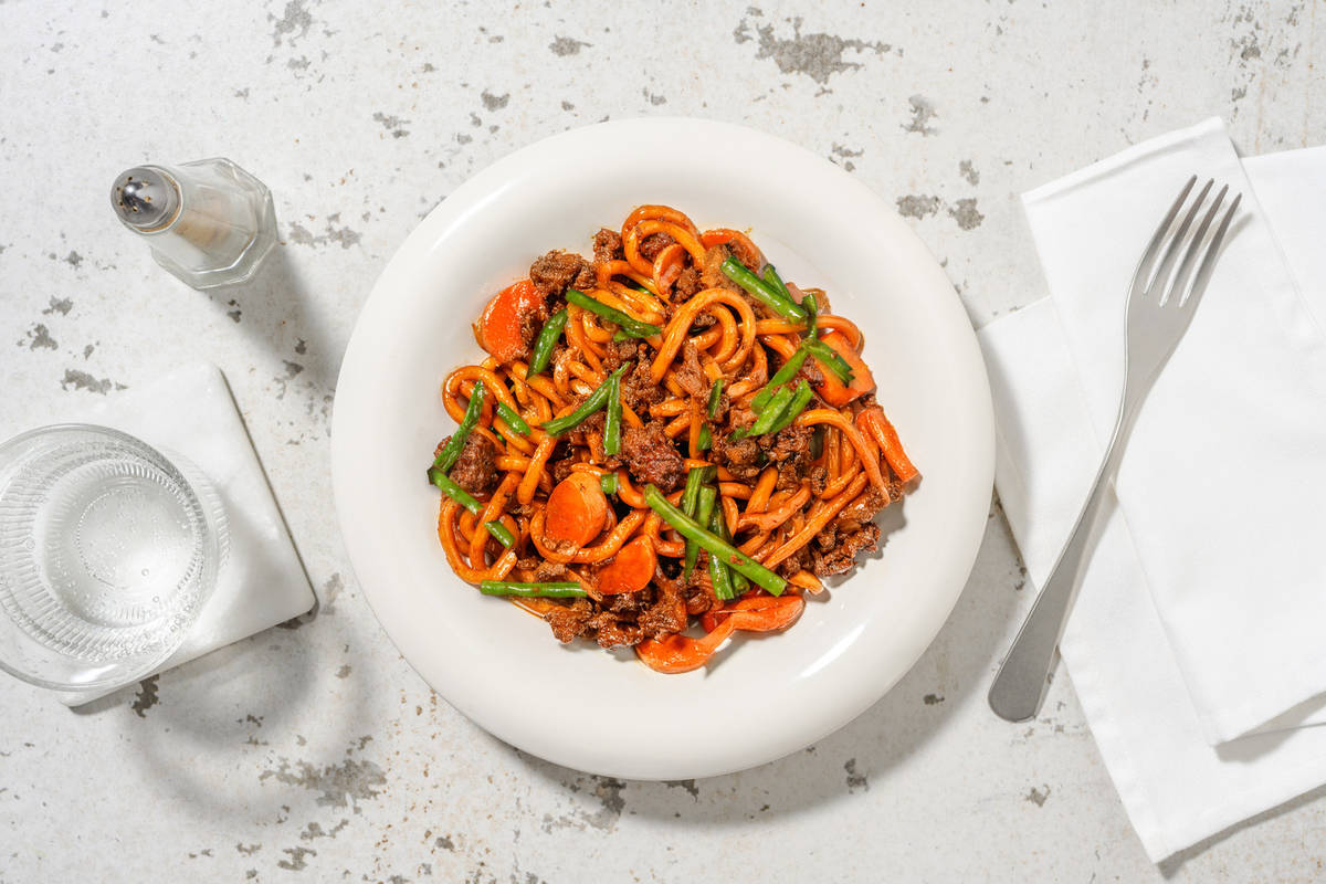 Hoisin Beef Udon and Veggie Gyoza Stir-Fry