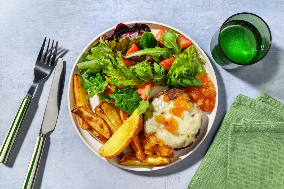 Spiced Naked Pork Cheeseburger and Pineapple Relish 