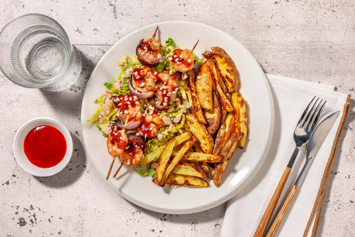Honey-Gochujang Prawn Skewers and Chips